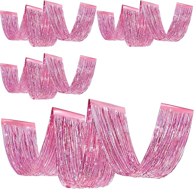 4 Pcs Iridescent Pink 15ft Metallic Foil Ceiling Fringe Curtains, Party Decor by Breling