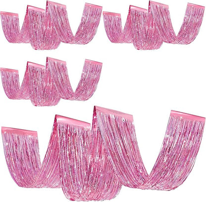 4 Pcs Iridescent Pink 15ft Metallic Foil Ceiling Fringe Curtains, Party Decor by Breling
