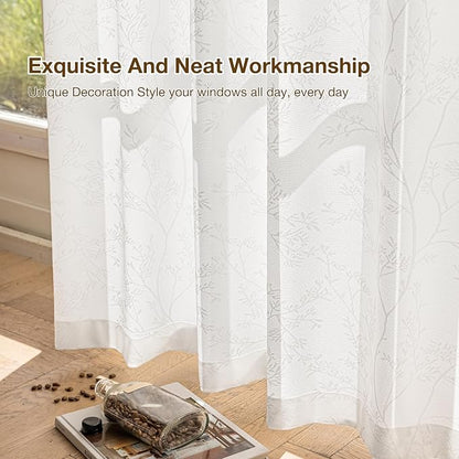 Anmao White Semi Sheer Light Filtering Extra Long Curtains 2 Panels, Branch - Image 7