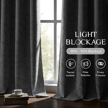 Beauoop Grey Floral Jacquard Blackout Curtains - Image 4