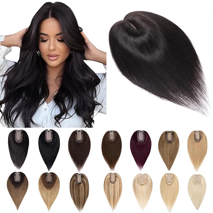 SEGO Human Hair Toppers for Women With Thinning Hair, 7 * 13CM Silk Base 100% Real Human Hair Clip in Top Wiglet Hairpieces //6 Inch No Bangs Natural Black