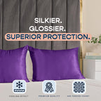 BLISSFORD Purple Satin Pillowcase with Zipper, for Hair and Skin Care, Feels Soft and Cool Like a Silk Pillowcase, Satin Pillow Cases 2 Pack, Slik Pillow Cover, Grape/Purple, King Size - Set of 2