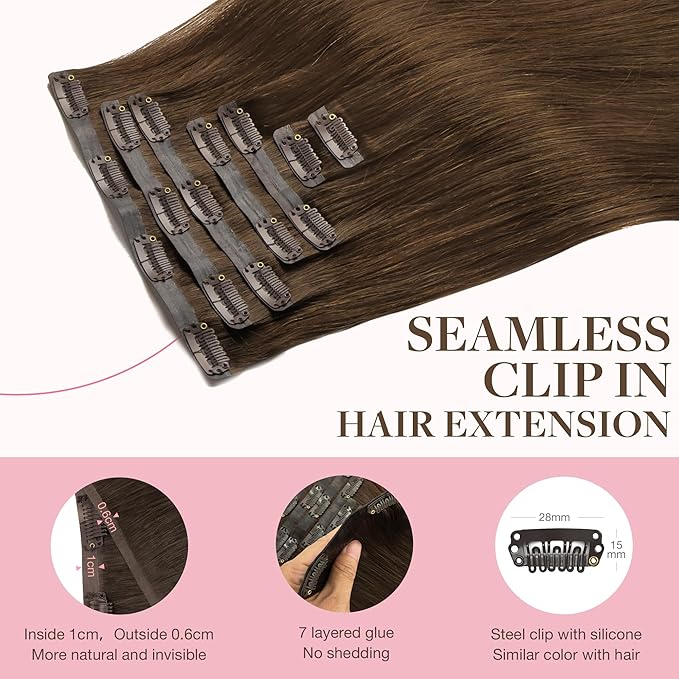 GOO GOO Clip in Hair Extensions Real Human Hair, Remy Human Hair Extensions Clip ins for Women, Natural Human Hair, 24inch 120g 7Pcs, 4A Chocolate Brown