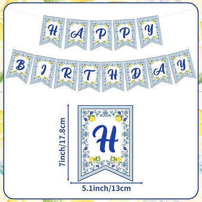 Lemon Happy Birthday Banner Blue Tiles Lemon Party Banner Triangle Flags Sign - Image 2