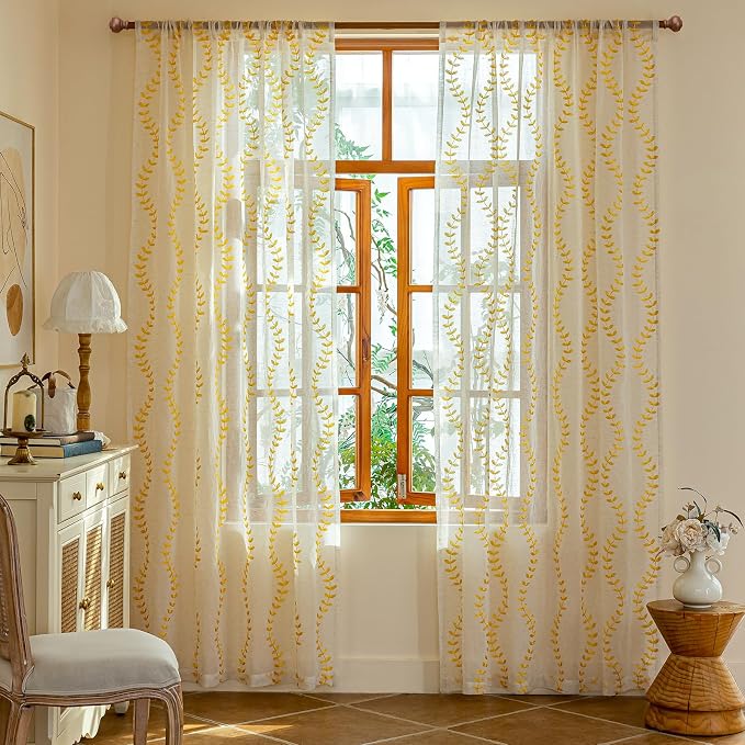 2 Panels Linen Leaf String Floral Embroidered Semi Sheer Curtain Farmhouse - Image 2
