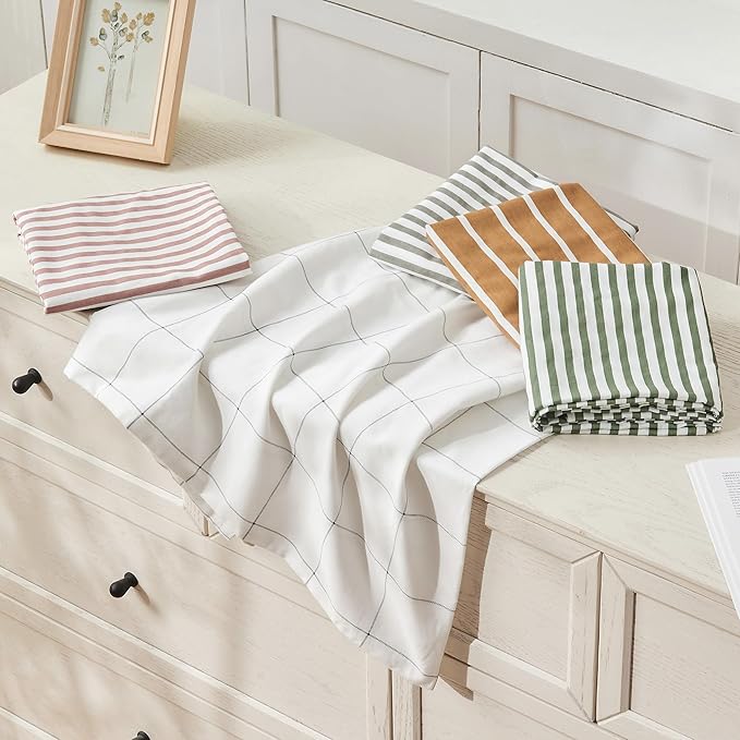 JELLYMONI 100% Natural Cotton Striped Queen Pillowcases Set, 2 Pack Khaki and White Stripes Pattern Printed Pillow Covers with Envelope Closure(Pillows are not Included)