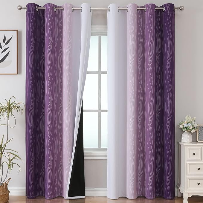 Purple and Grayish White Blackout Curtains 108 Inches Long, Thermal Insulated by ESTELARTEXTILER