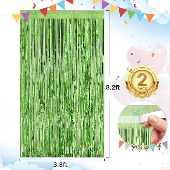 Grass Green Fringe Curtain Party Streamers 2Pack 3.3 x 8.3 Ft Foil Fringe - Image 2