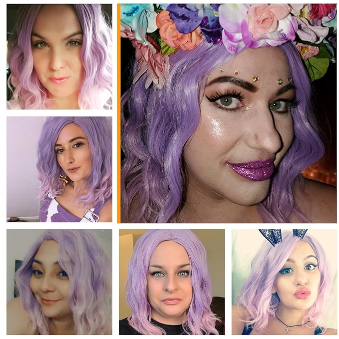 BUFASHION 14" Women Short Pink Purple Bob Wavy Glue Less Synthetic Hair Wig 46 Colors Available（Pink Purple）