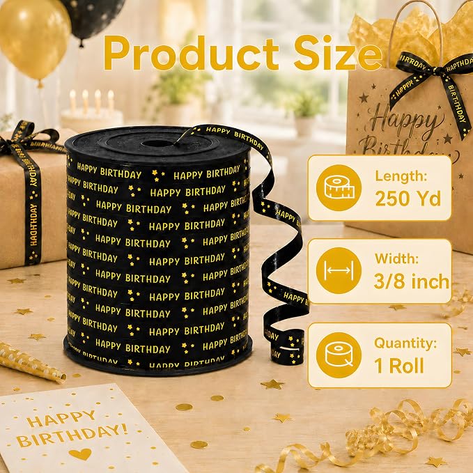 BEISHIDA 250 Yards Black Happy Birthday Printed Crimped Curling Ribbon Balloon - Image 2