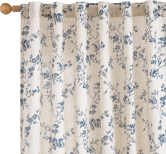 Blue Vintage Floral Linen Curtains Farmhouse 50W X 63L 2 Panels | Elisa Series by Lazzzy