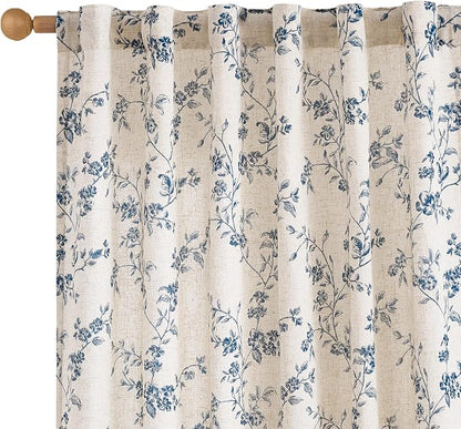 Blue Vintage Floral Linen Curtains Farmhouse 50W X 63L 2 Panels | Elisa Series by Lazzzy