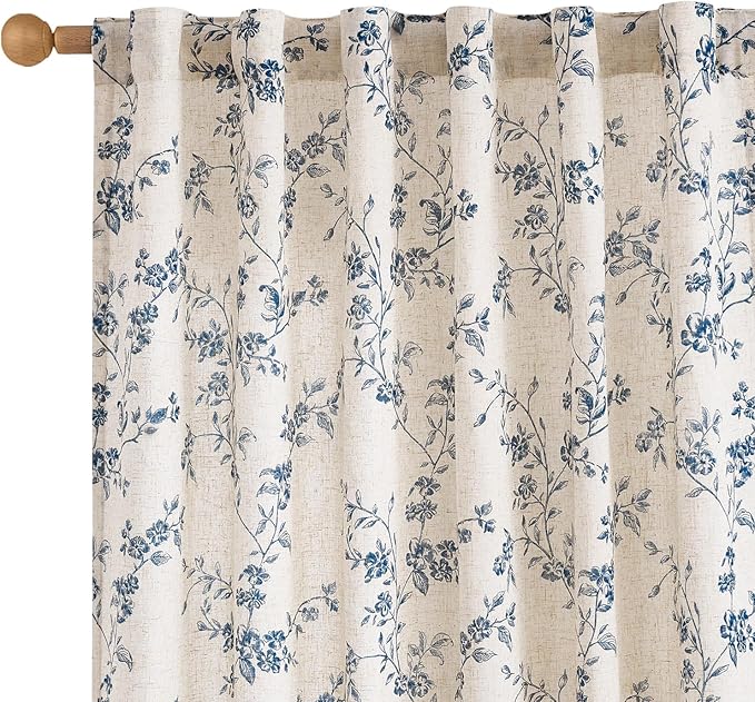 Blue Vintage Floral Linen Curtains Farmhouse 50W X 96L 2 Panels | Elisa Series by Lazzzy