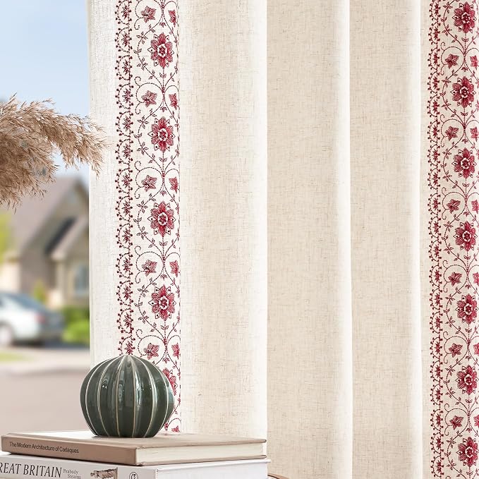 jinchan Floral Linen Curtains Embroidered Back Tab 50x84in 2 Panels Red | Light - Image 8