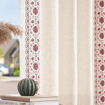 jinchan Floral Linen Curtains Embroidered Back Tab 50x63in 2 Panels Red | Light - Image 8