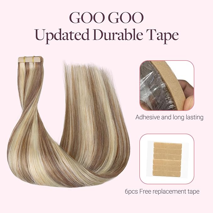 GOO GOO Tape in Hair Extensions Human Hair, 8B/60B Golden Blonde Highlights, 20inch 50g 20pcs, Skin Weft Seamless Invisible, Silky Straight with Thick Ends, Remy Human Hair