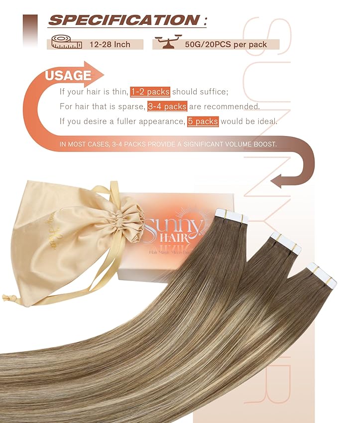Sunny Hair Tape in Hair Extensions Human Hair, Human Hair Tape in Extensions Light Brown Balayage Blonde Hair Extensions Real Human Hair Tape in 18Inch 50g