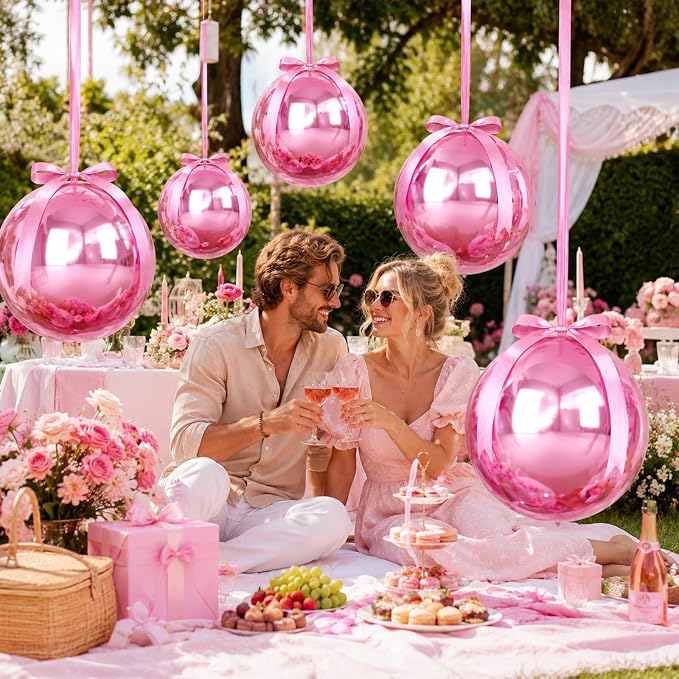 Pink Round Foil Balloons with Satin Bows and Ribbon - Image 6