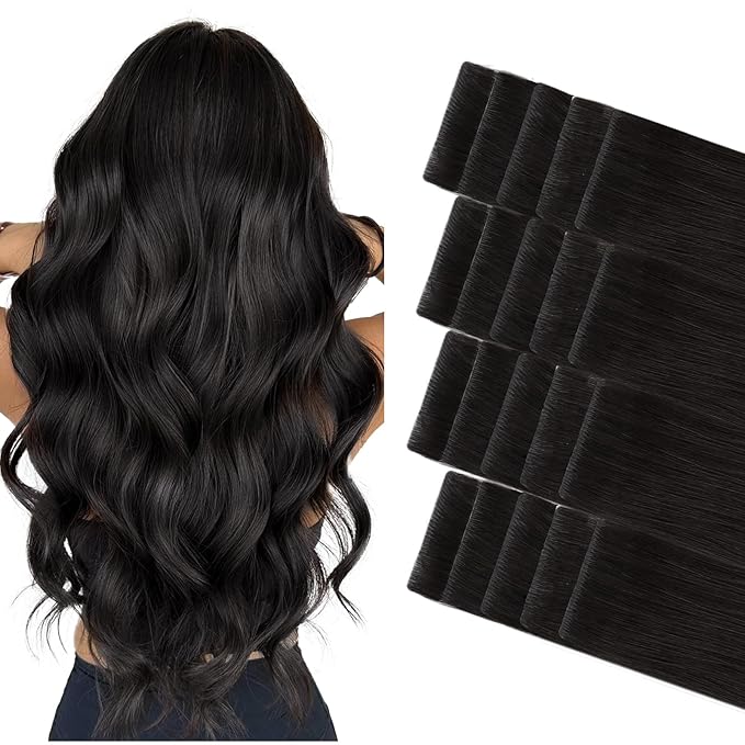 GOO GOO Invisi edge Tape in Hair Extensions Human Hair, 1B Natural black 20pcs 14inch 50g, Virgin Human Hair Tape ins, Seamless Injected Tape in Hair Extensions