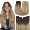 YoungSee Clip in Hair Extensions Human Hair Brown Ombre Clip in Human Hair Extensions Walnut Roots to Light Brown with Blonde Clip in Extensions Ease of Use 18Inch 7Pcs 120G