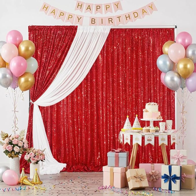 Red Sequin Backdrop Curtains 2 Pcs 5ftx8ft Sparkle Backdrop Drapes | Glitter - Image 5