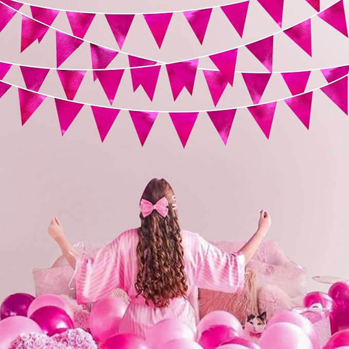 Hot Pink Party Decorations Triangle Pennant Banner Flag Rose Pink Metallic - Image 4