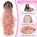 ALXNAN Ponytail Extension,24 Inch Claw Clip in Long Curly Wavy Omber Black to Pink Ponytail Hair Extension Jaw Clip on Pony Tails Hairpiece for Women
