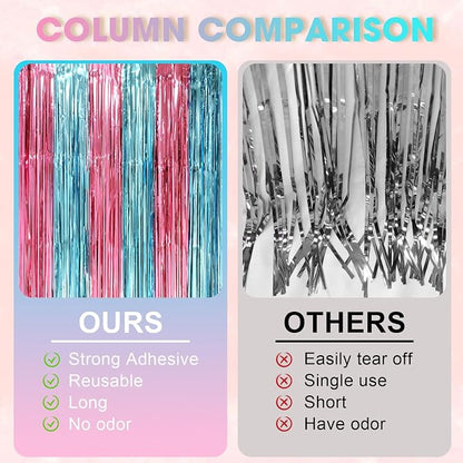 Voircoloria Blue Pink Foil Fringe Backdrop Curtains, 2 Pack | Tinsel Streamers - Image 3