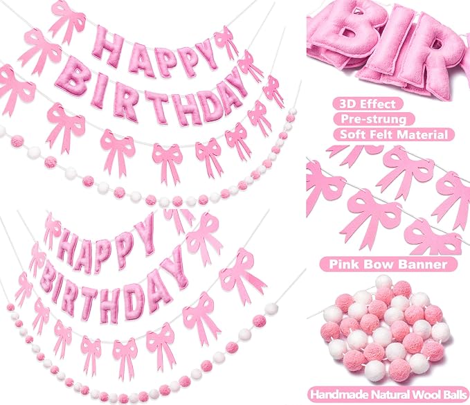 Pre-Strung Pink Birthday Decorations 3D Pink Birthday Banner - Image 4