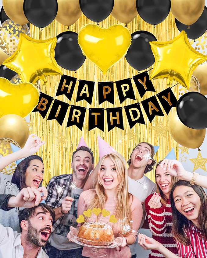 Black Gold Happy Birthday Party Decorations - Image 2