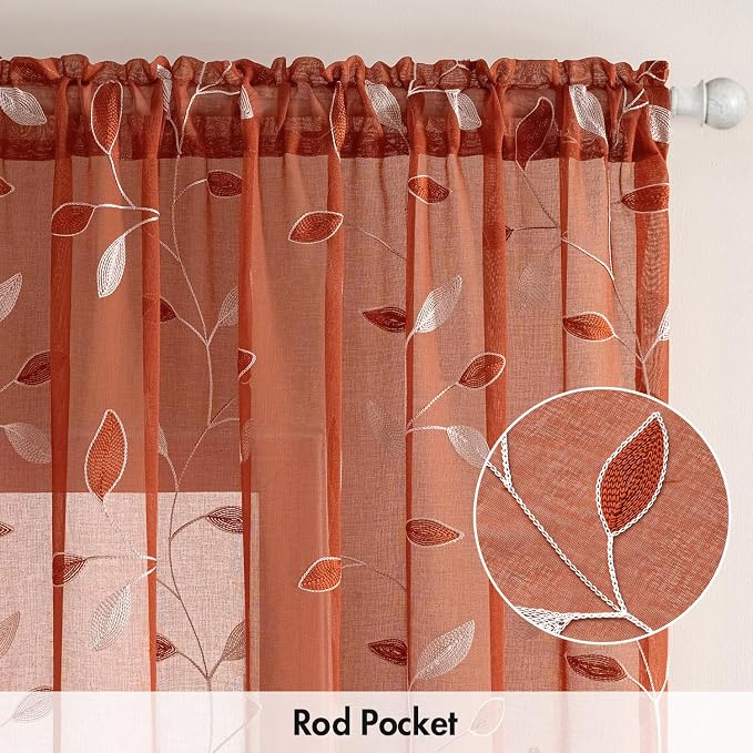 MIULEE Terracotta Sheer Fall Leaf Curtains Burnt Orange 2 Panels 52"x84" | - Image 6