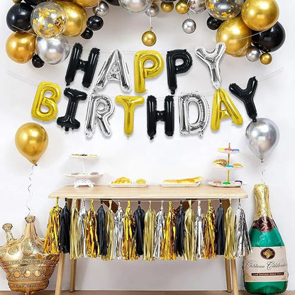 TONIFUL 16 Inch Black Gold Silver Happy Birthday Balloon Banner Decorations | - Image 6