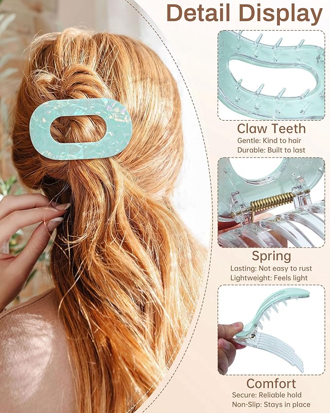 Mesovor 4 Pack French Flat Hair Clips for Women, 3.74" Nonslip Stylish Round Duckbill Lay Flat Hair Claw | Side Slide Volume Flat Hairclips for Lying Down, Yoga, Driving (Mermaid Colorful)