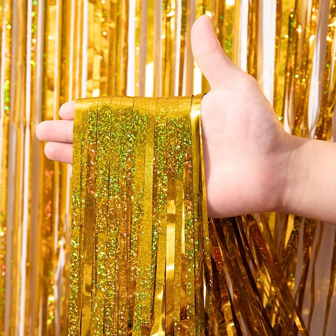 Voircoloria Laser Gold Foil Fringe Backdrop Curtains, 3 Pack | Tinsel Streamers - Image 2