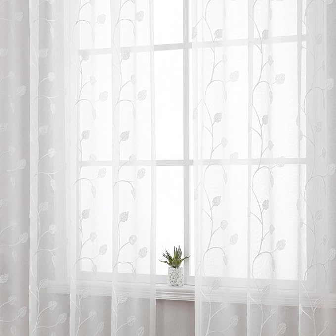 White Sheer Curtains Decorative Embroidered Leaf 63 Inches Long | Light - Image 3