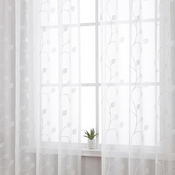 White Sheer Curtains Decorative Embroidered Leaf 54 Inches Long | Light - Image 3