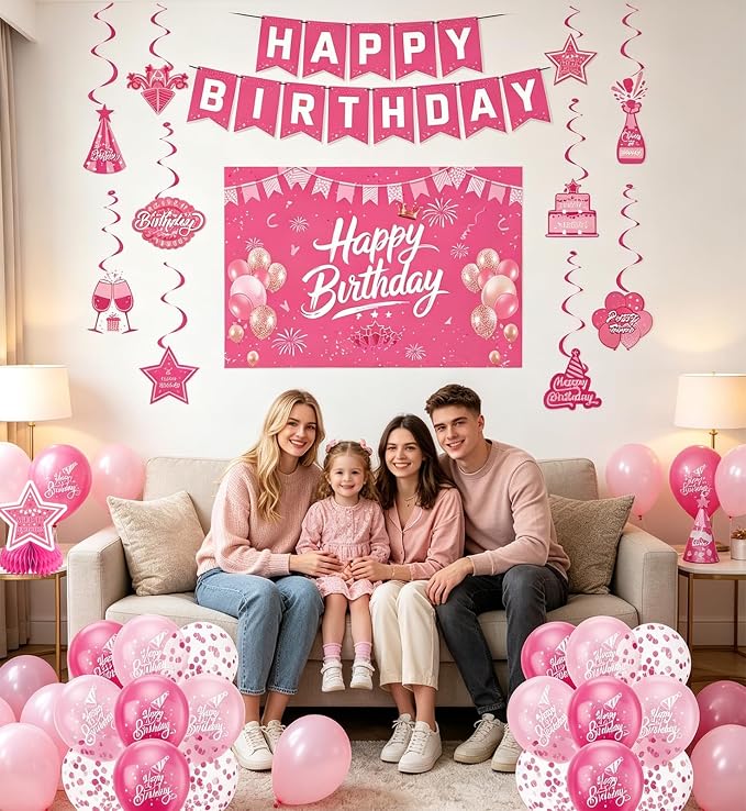 Pink Birthday Decorations for Women | Pre-Strung Happy Birthday Banner - Image 4