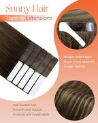 Sunny Hair Tape in Hair Extensions Real Human Hair Invisible Remy Hair Extensions Tape ins for Women Dark Brown Ombre Caramel Blonde Balayage 22 inch 25G