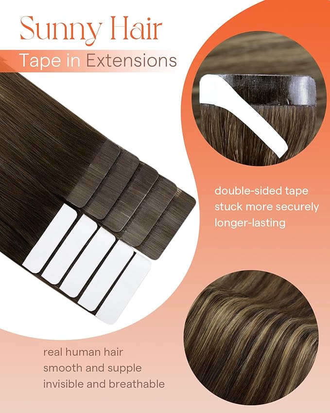 Sunny Hair Tape in Hair Extensions Real Human Hair Invisible Remy Hair Extensions Tape ins for Women Dark Brown Ombre Caramel Blonde Balayage 22 inch 25G
