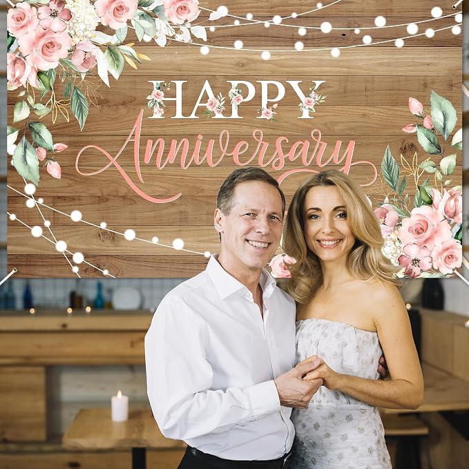 Avezano Happy Anniversary Backdrop Rustic Pink Floral Happy Anniversary Banner - Image 5