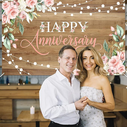 Avezano Happy Anniversary Backdrop Rustic Pink Floral Happy Anniversary Banner - Image 5