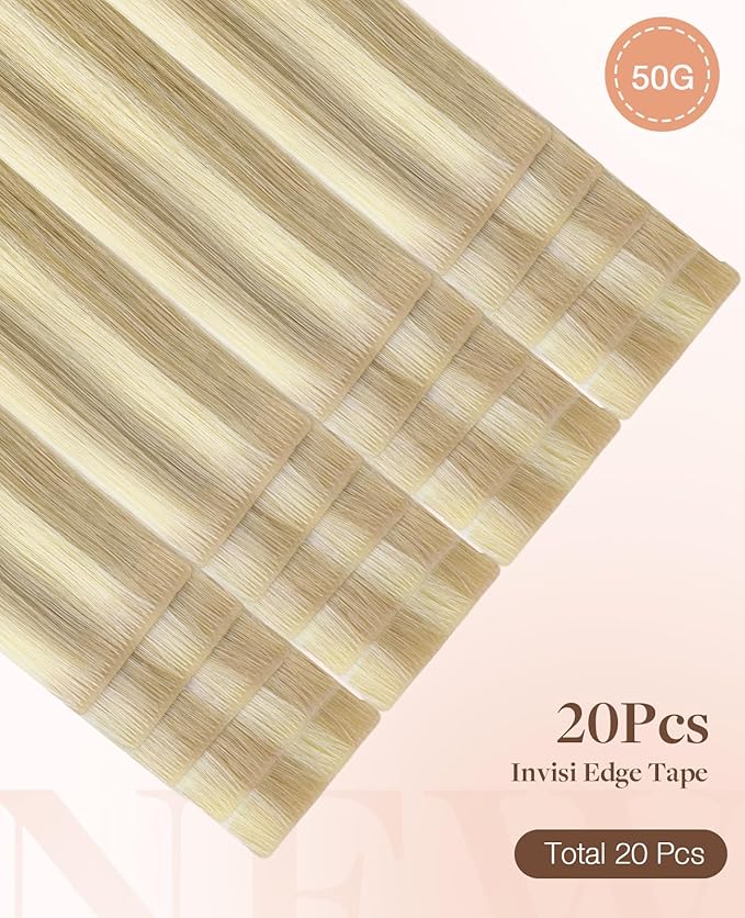 GOO GOO Invisi Edge Tape in Hair Extensions Human Hair, 18A/613A Dark Blonde Highlighted Bleach Blonde 20pcs 22inch 50g, Virgin Remy Hair, Seamless Injected Tape, Natural Look