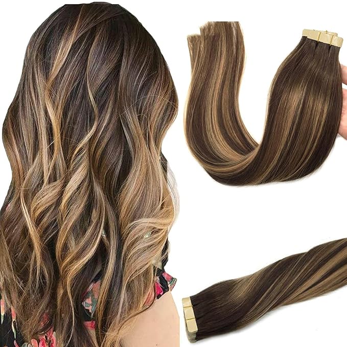 GOO GOO Tape in Hair Extensions Human Hair, 4/27/4 Balayage Chocolate Brown to Caramel Blonde, 26inch 60g 20pcs, Skin Weft Seamless Invisible, Silky Straight with Thick Ends, Remy Human Hair