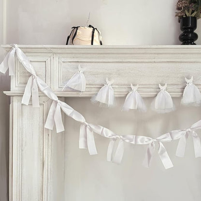 2Pcs Bridal Shower Banner Wedding Dress & Pre-Assembly White Ribbon Bow Garland - Image 3
