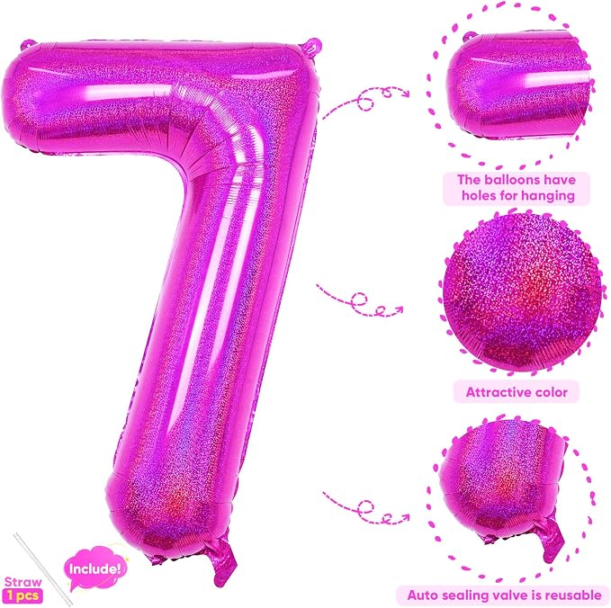 Hot Pink 7 Balloon, 40 Inch Large Laser Hot Pink Foil Helium Number Balloons 0-9 - Image 3