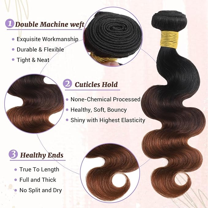 T1B/2/30 Chestnut Brown Ombre Human Hair Bundles Body Wave 100% Real Virgin Human Hair Bundles Dark Roots Bundle 3 Tone Ombre Medium Auburn Colored Sew in Quick Weaves 14 16 18 Inch