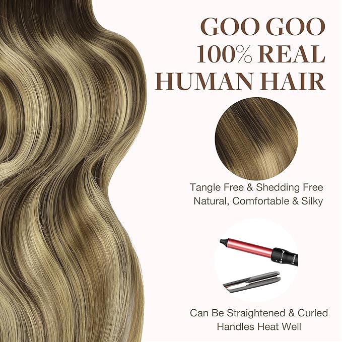 GOO GOO Tape in Hair Extensions Human Hair, 2/6/18 Balayage Brown to Dirty Blonde, 14inch 50g 20pcs, Thick Ends Straight Seamless Tape in, Invisible Tape in Hair Extensions Human Hair