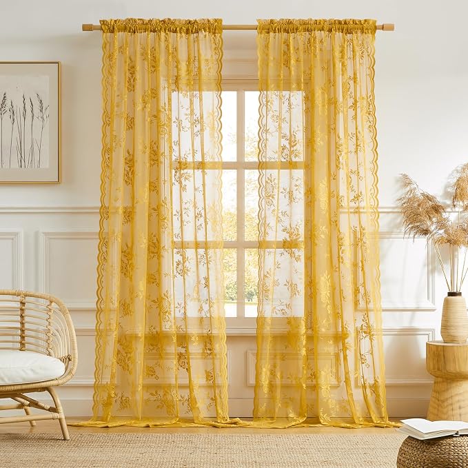 Golden Yellow Lace Curtains 84 Inches Long 2 Panels Country Flower Sheer - Image 2