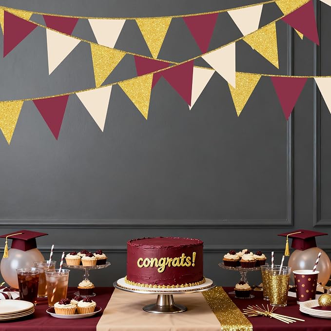 Burgundy Beige Gold Party Pennant Banner Flag Maroon Gold Hanging Glitter Paper - Image 7