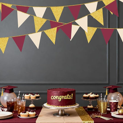 Burgundy Beige Gold Party Pennant Banner Flag Maroon Gold Hanging Glitter Paper - Image 7